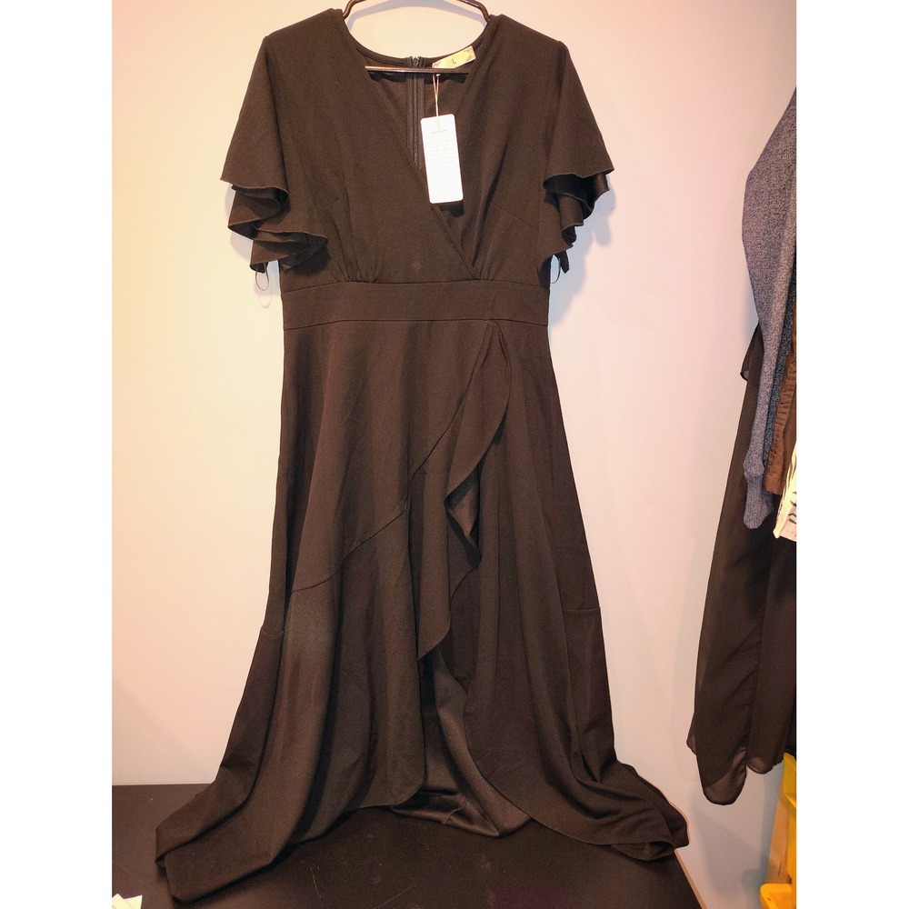 Black Ruffle High Low Maxi Dress Short Flutter Sleeve V-Neck Formal L